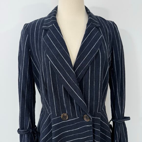 Free People Stella Striped Frayed-Hem Blazer Jacket Navy Blue XS Linen Cotton - Picture 3 of 12